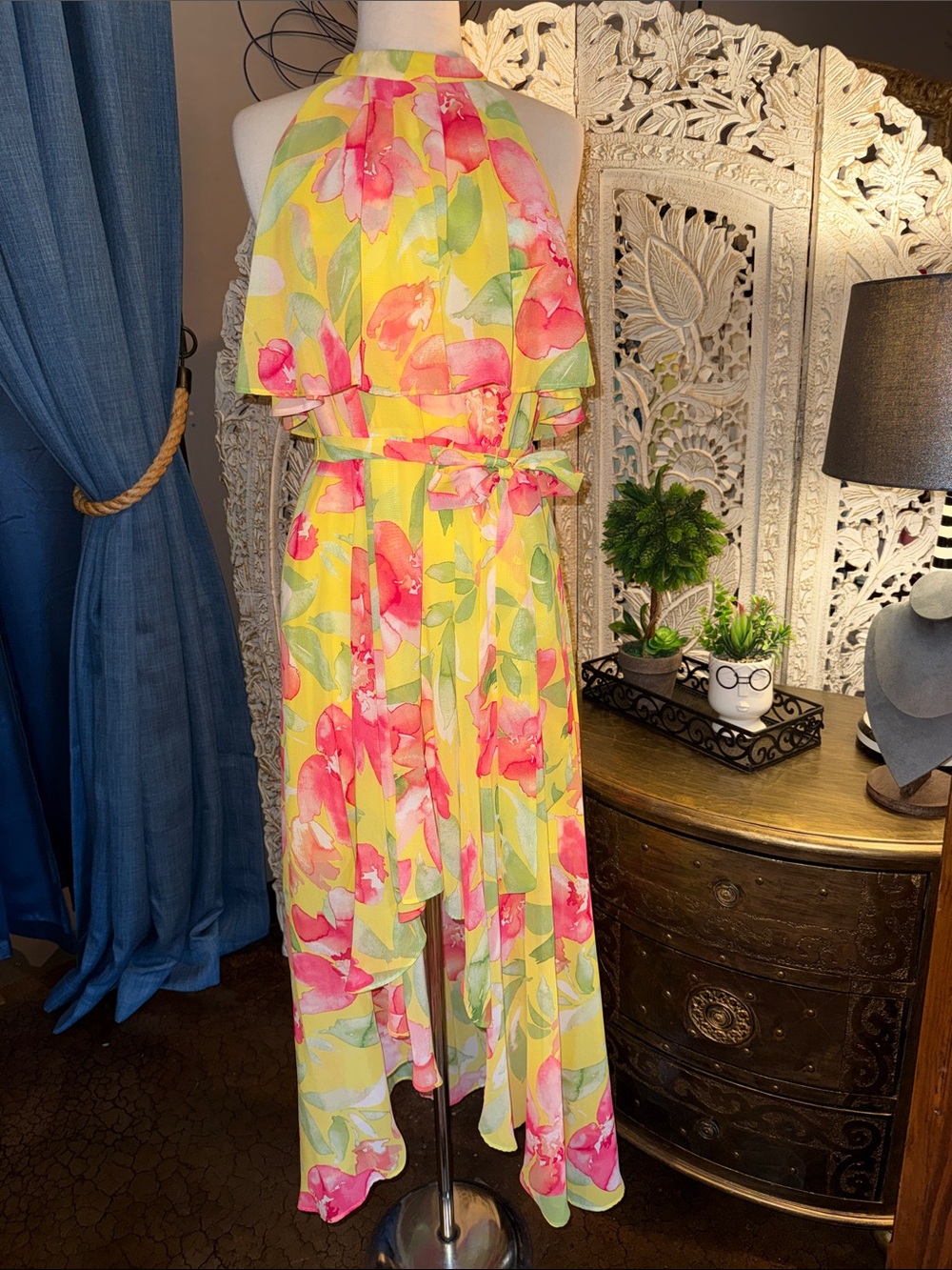 Eliza J Yellow Halter High-Low Floral Dress with Pink Blooms